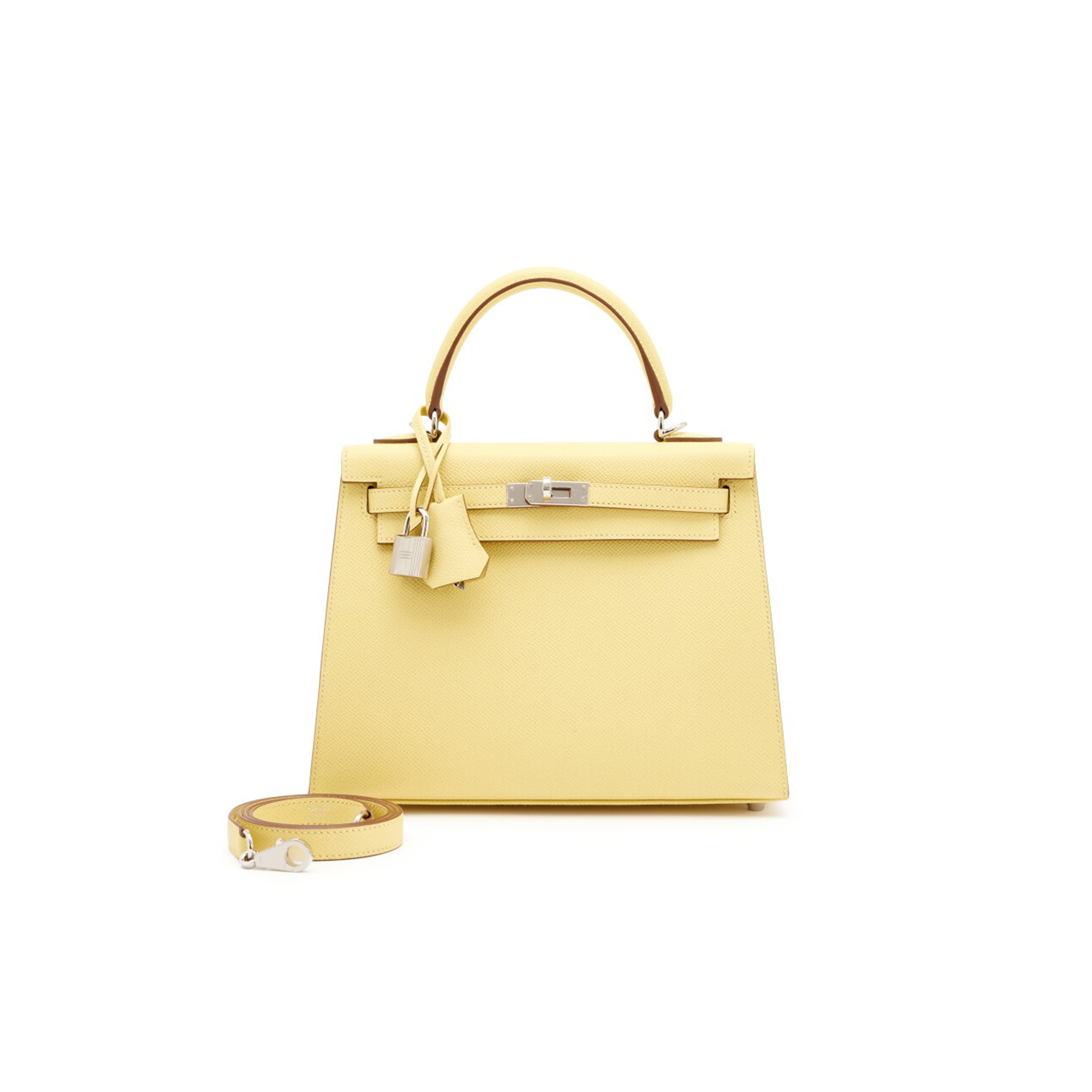 HERMÈS MASTER JAUNE POUSSIN EPSOM SELLIER KELLY 25 PALLADIUM HARDWARE (25*17*7cm) 